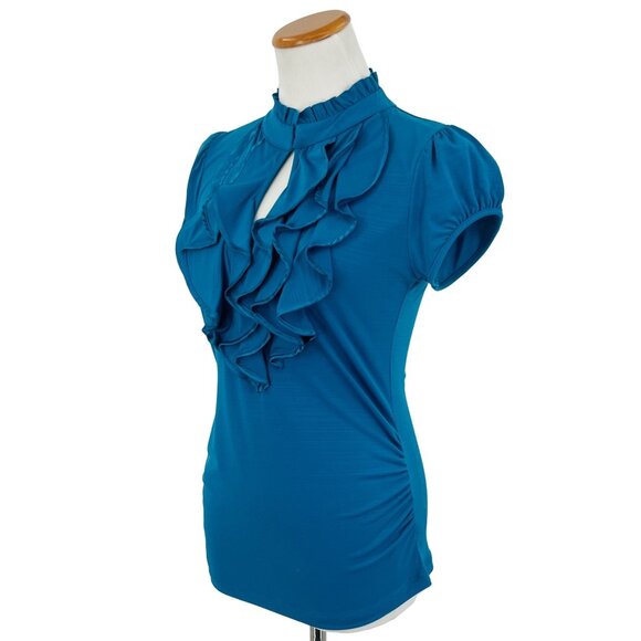 Urban Hearts Unique Teal Ruffled & Keyhole Mock Neck Short Sleeve Blouse - Picture 10 of 14